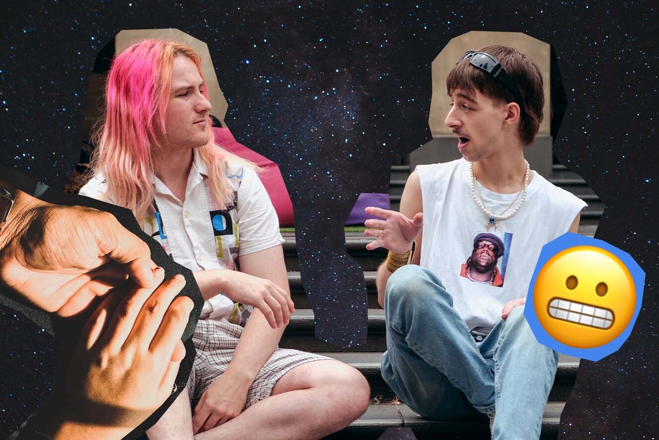 A collage of three images - hands holding, a clenched teeth emoji, two young people talking to each other while sitting on steps - on a dark starry sky background.