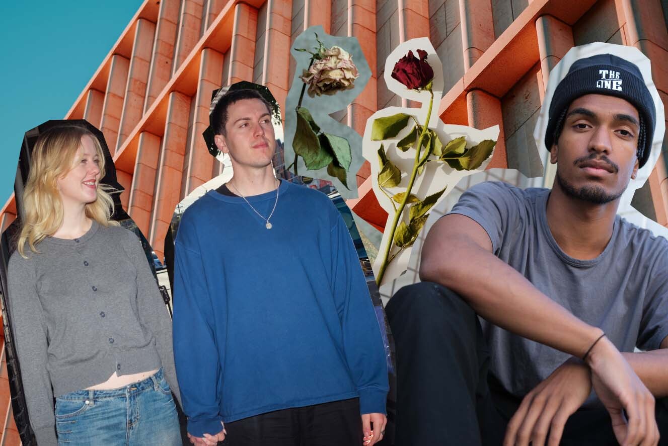A collage of four images, a young hetero couple walking hand in hand, two different wilting roses, and a young man with a The Line beanie on looking directly towards the camera.