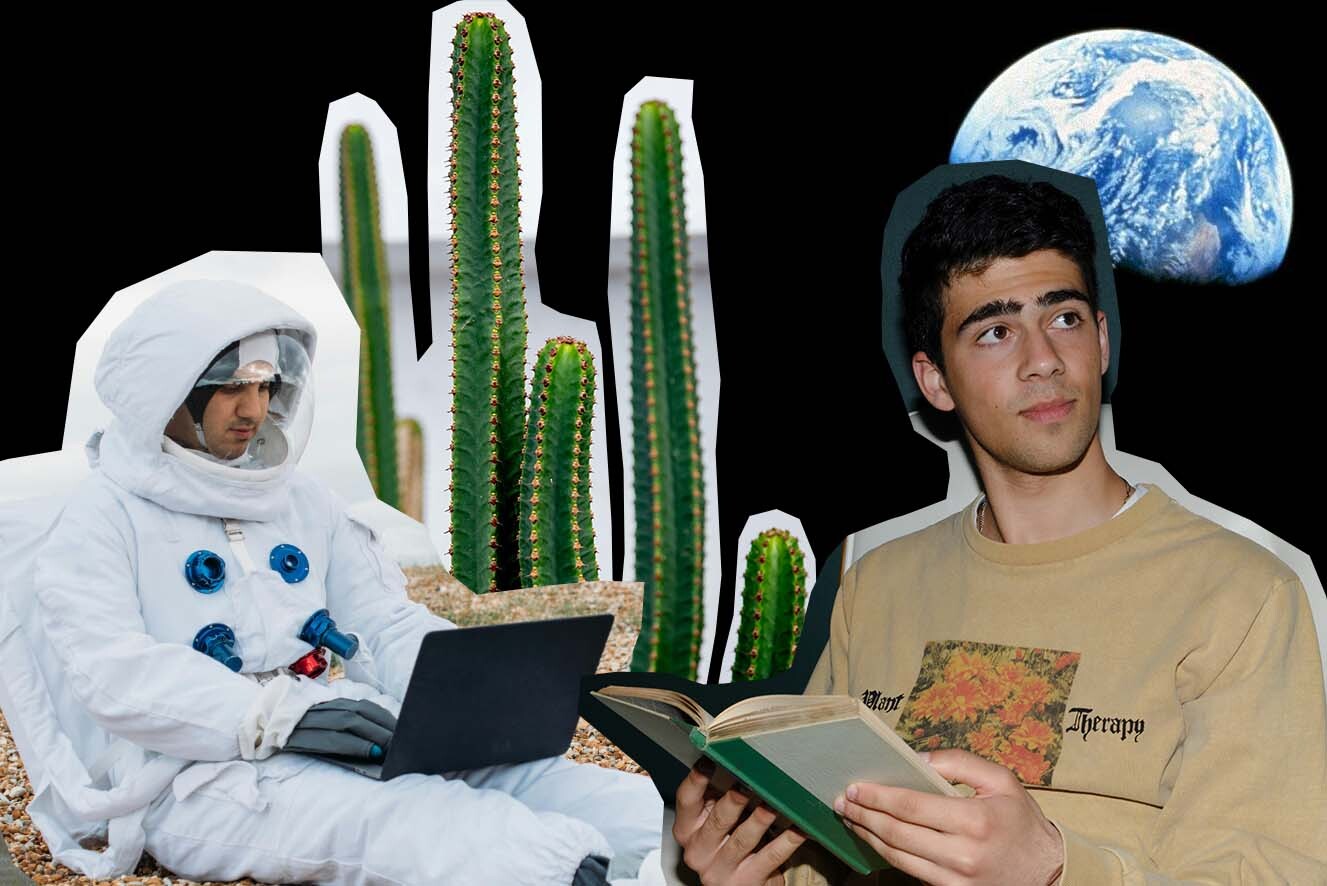 A collage of two images on a photo of Earth from space. The collage images are of a man dressed as an astronaut while on a laptop, some cactus, and a young man reading a book.