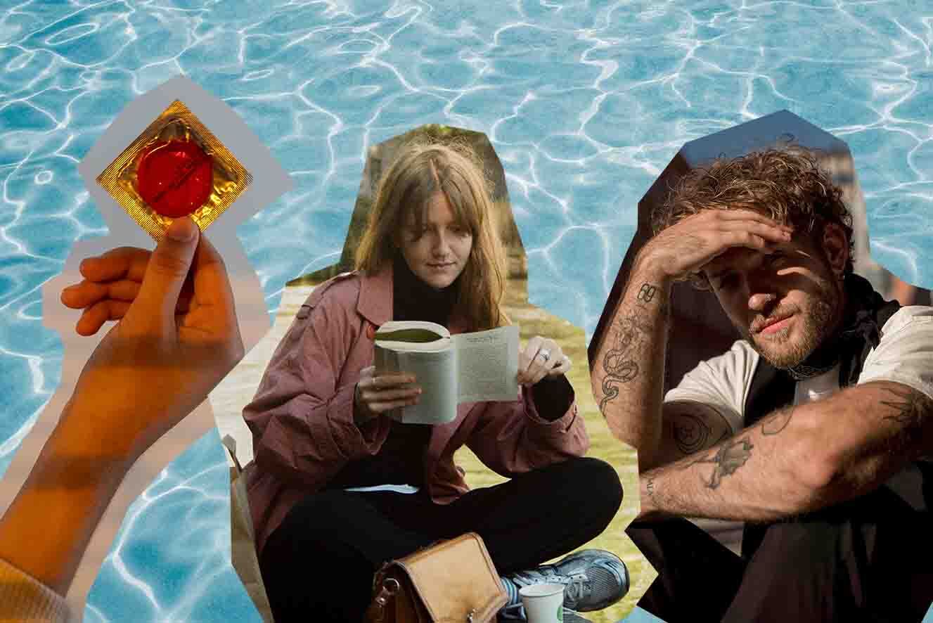Background: a blue swimming pool. A young female with light skin and long hair sits cross legged reading a book. A young man with light skin and tattoos shields his eyes from the sun. To their right a hand holds a condom packet.