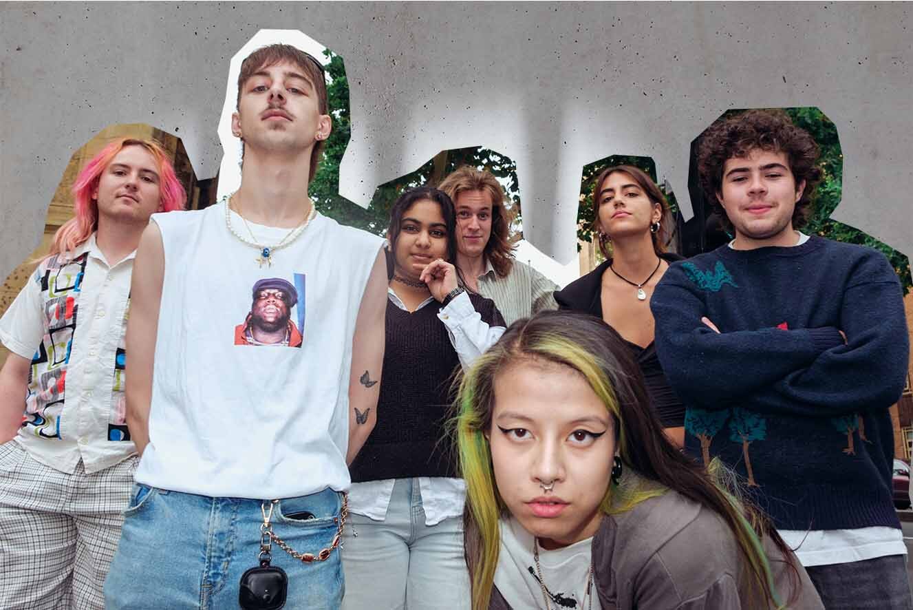 A collage image on a textured background of 7 young people of diverse genders and ethnicities who are looking at the camera and stand away from it at various distances.