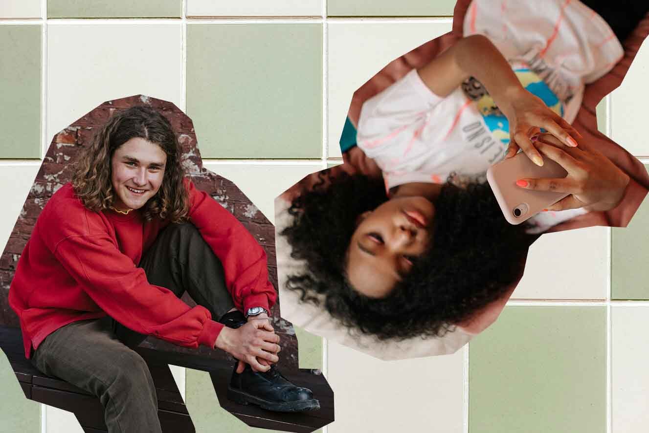Photo featuring two individuals in a casual setting, one wears a red jumper smiling and the other lying down holding an iphone, with a tiled green background.