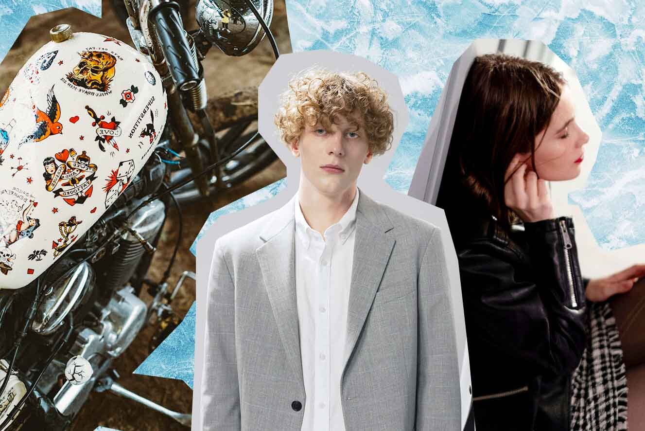 A collage of three images: the first image displays a decorated motorcycle, the second image shows a young person with white skin and blonde hair in a business suit, and the third image features another young woman with white skin and dark hair leaning against a wall.