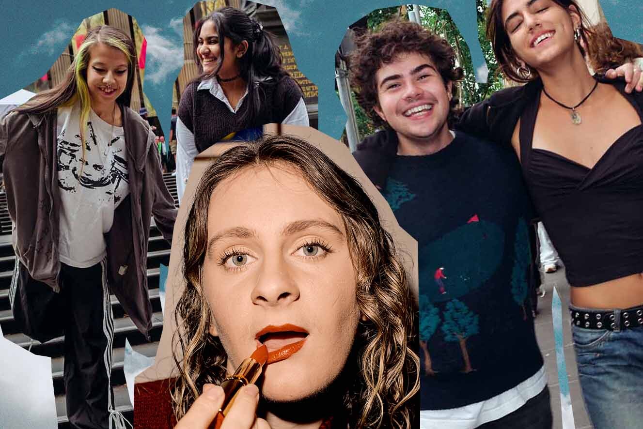 Collage image of three different photos on a light blue sky background: Image 1) two young women smiling, image 2) a young man and young woman walk along the street arm-in-arm, image 3) a young woman put lipstick on