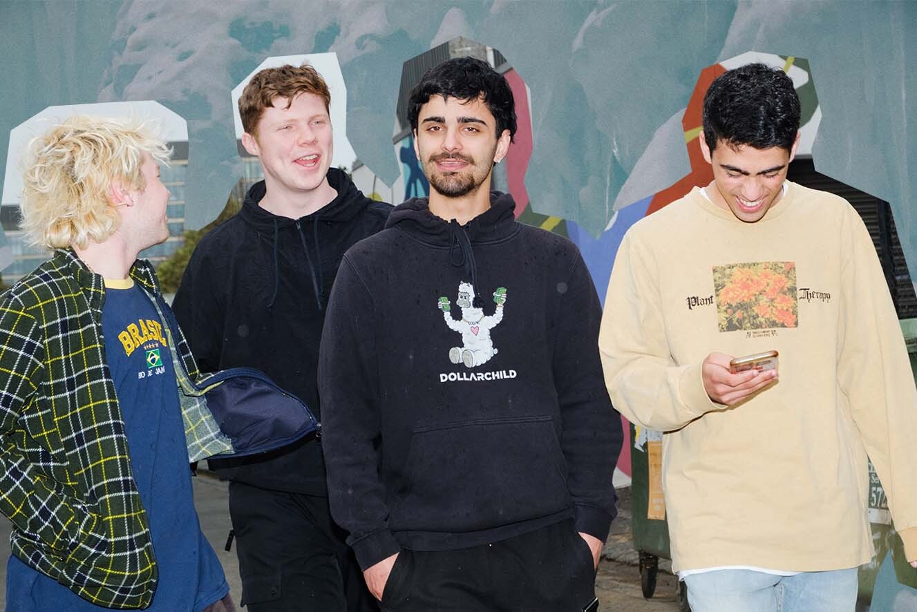 A collage image on a textured background of four young men walking along a street laughing while one holds his phone and smiles towards it.