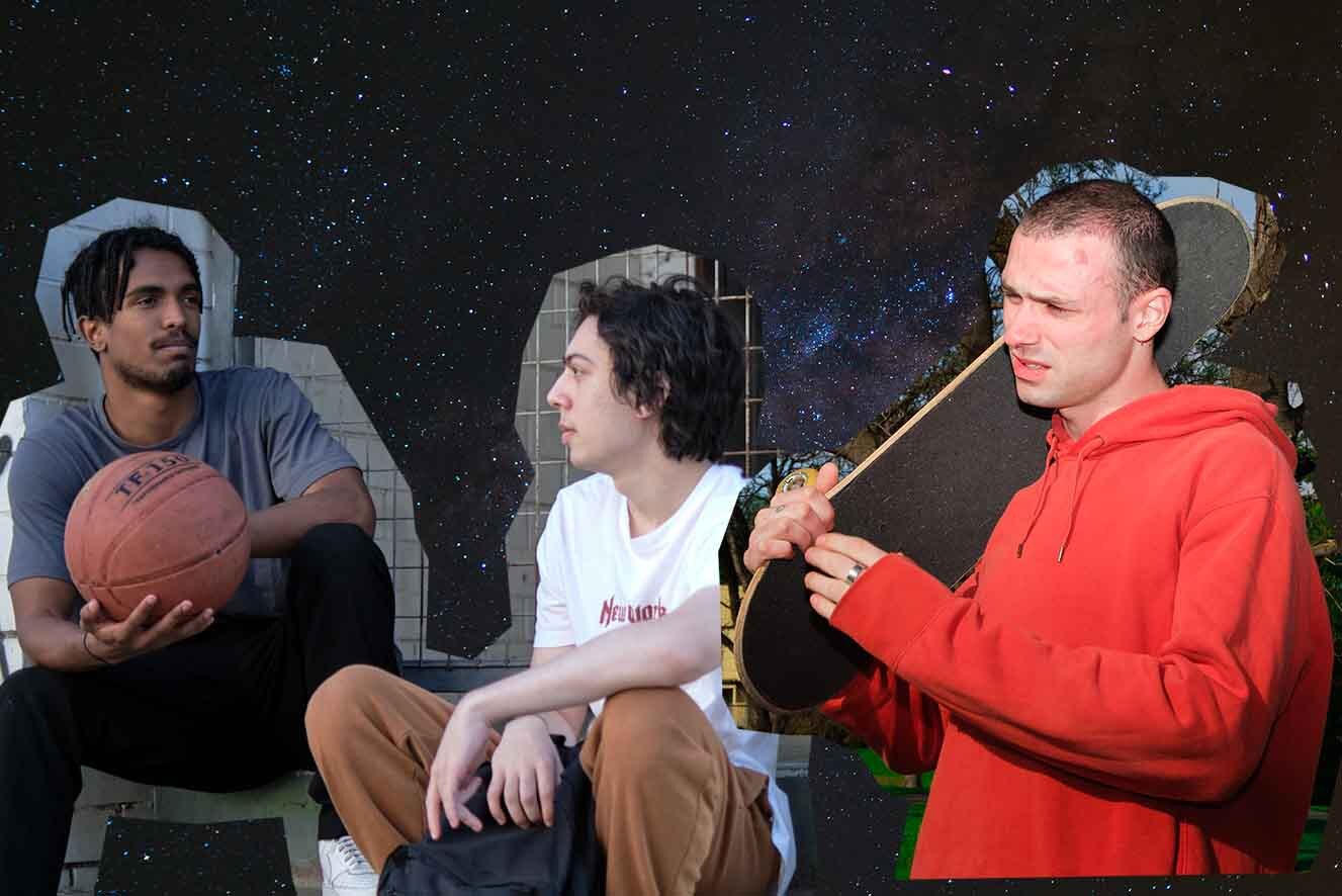 Three young males  are sitting near in front of a starry night background. One is holding a basketball, another is holding a skateboard, and the third holds a backpack between their legs. They are dressed in casual attire.