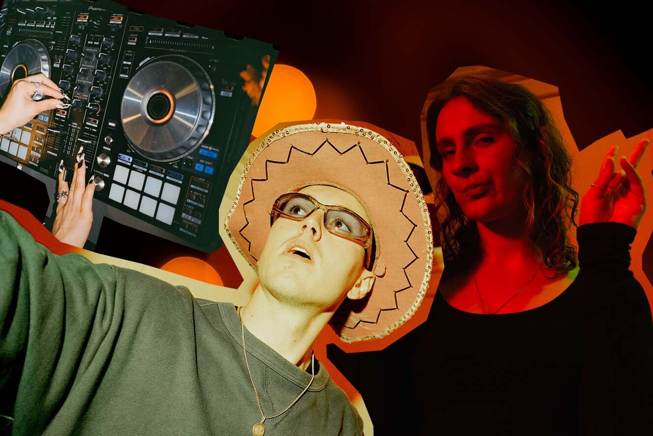 A collage of 3 images over a dark red background. Image 1 shows DJ decks, image 2 shows a young man wearing a party-style cowboy hate, image 3 shows a young woman holding up peace signs on each hand.