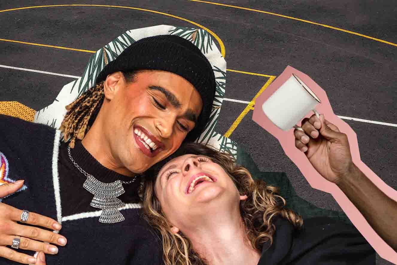 A collage featuring a young non-binary person with brown skin and a beanie, and a young woman with white skin and brown hair laughing together, and a hand holding a mug.