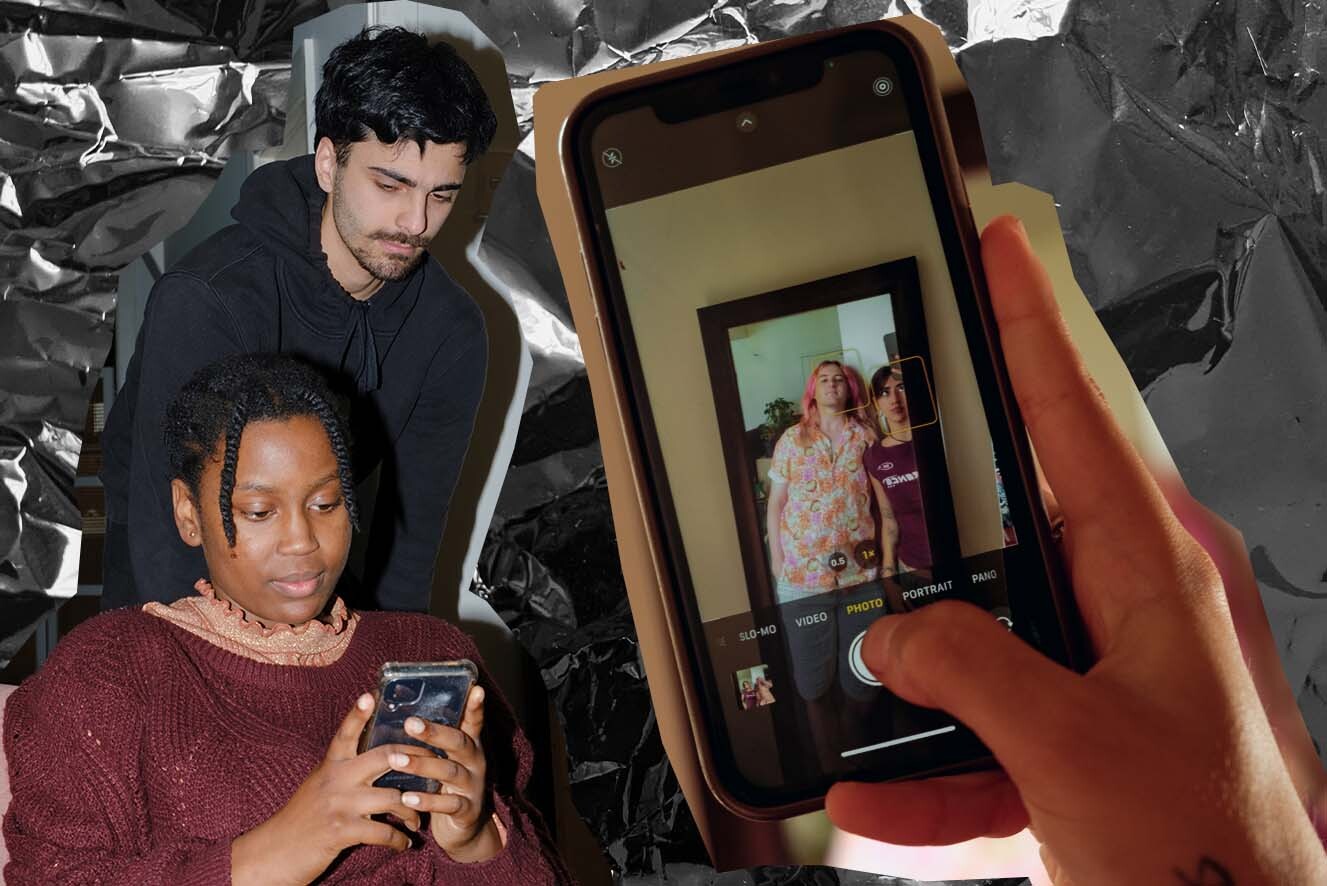 A collage on a black textured background shows two images, one of a young man peering over a young woman's shoulder while she is on her phone and the other shows a hand holding a phone while taking a selfie of two young people.