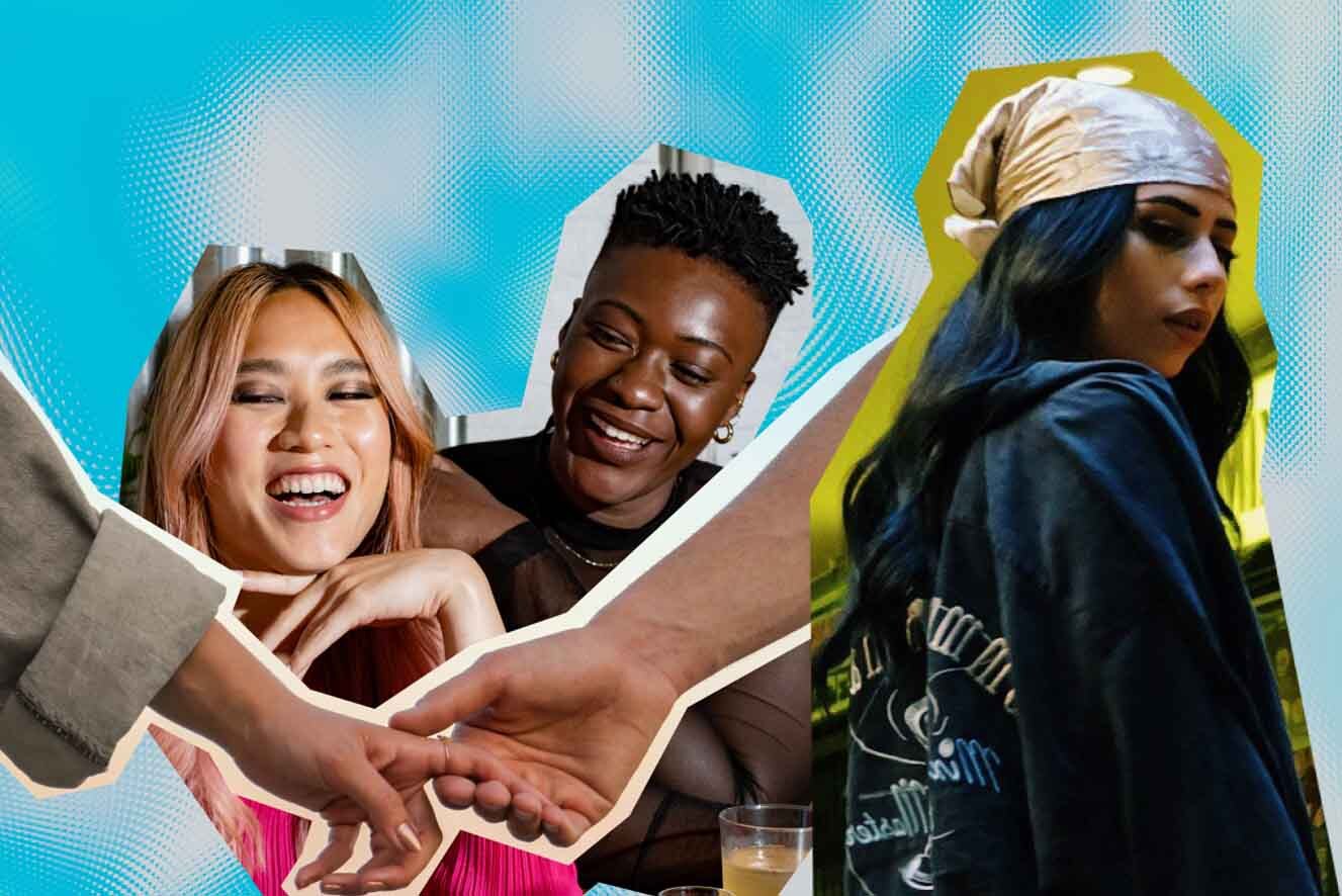 Collage of three diverse individuals at different events, showing happy expressions. In the center, two light colours hands touch. On the left a person smiling widely, and on the right, a person in a headscarf looking away thoughtfully.