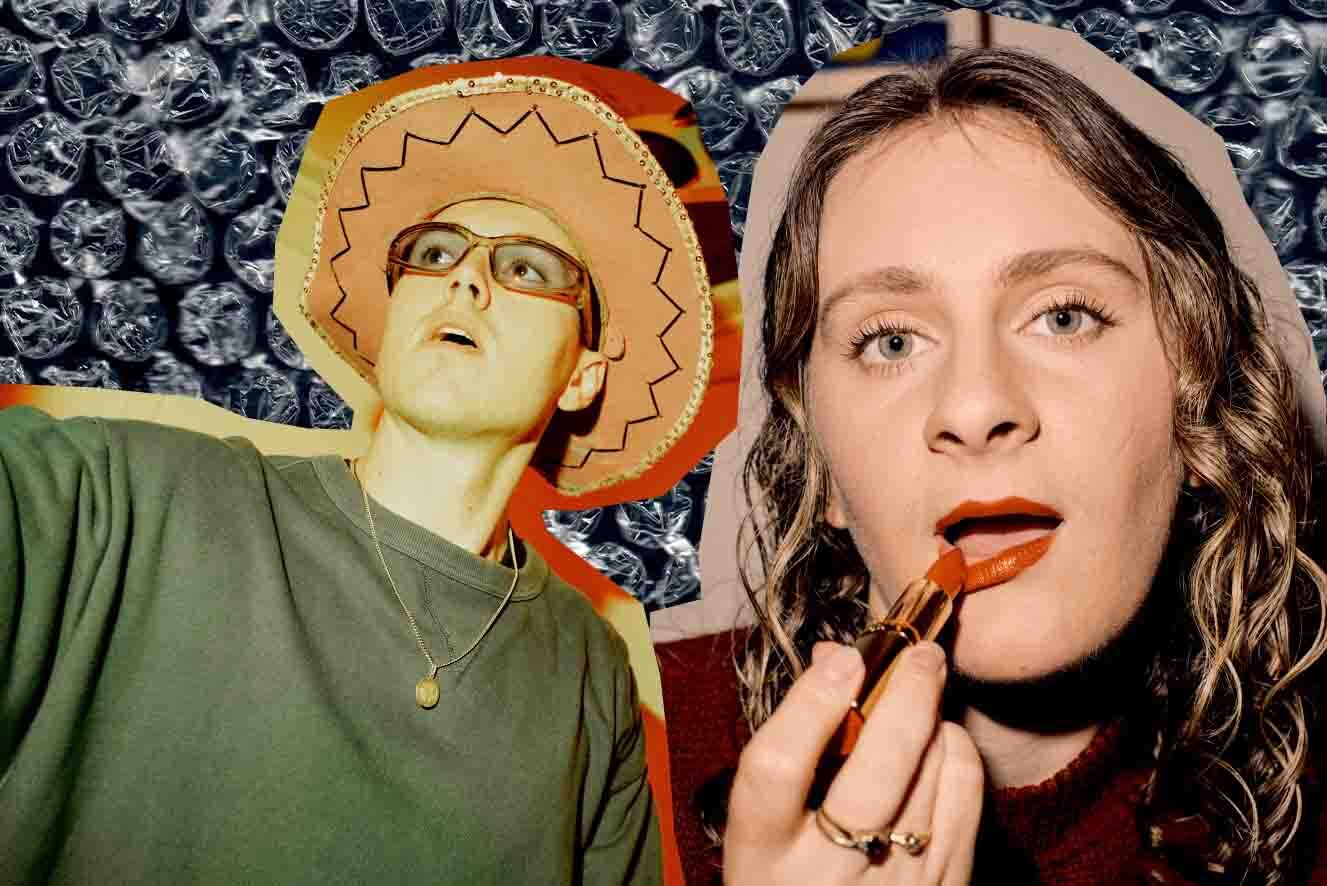 Background: poppoed bubble wrap. A young man wearing a green jumper, glasses and a straw hat looks puzzled. A young women looks at camera applies red lipstick.