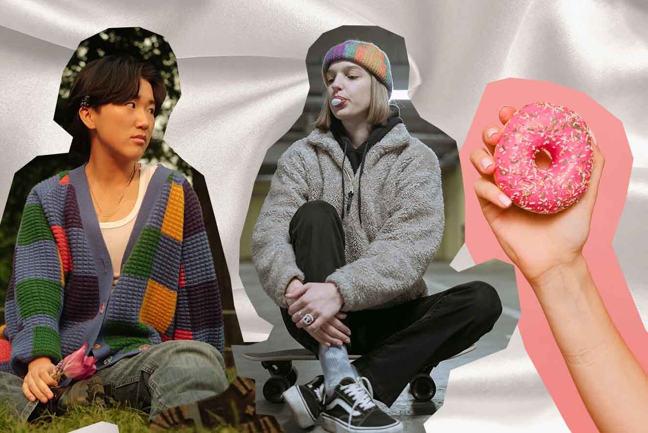 Collage featuring three separate elements: a young man with black hair in a colorful sweater sitting on grass, another young women in a gray hoodie and hat sitting with crossed legs, and a hand holding a pink sprinkled donut.