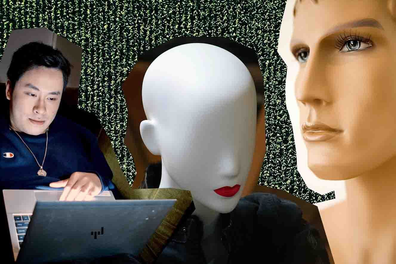 A collage of a young man of Vietnamese descent on a laptop, a polystyrene head with red lipstick and a plastic mannequin.