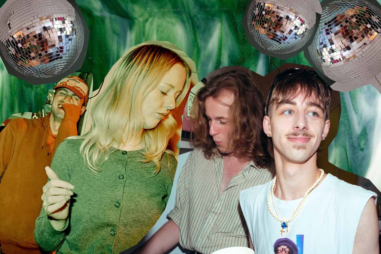 A collage of three images on a textured background. Image1 shows a young man laughing and a young man dancing nearby. Image 2 shows two young men standing around near one another. Image 3 shows a mirrored disco ball.