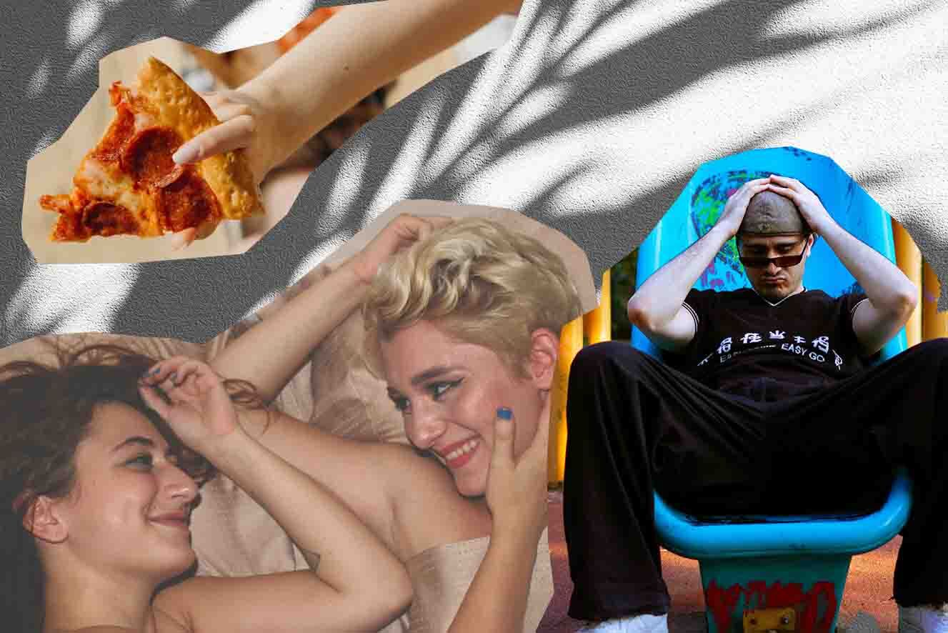 A collage of various scenes: one hand holding a slice of pizza, two young women smiling and lying close together, and a young man sitting on a playground slide in a reflective pose.