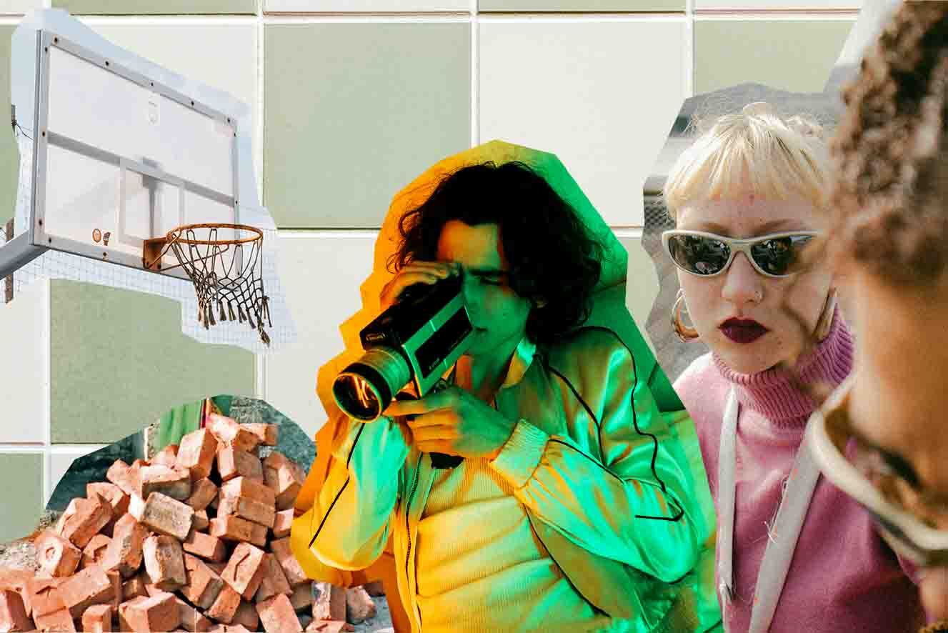 A collage of a young man with brown hair and white skin uses an old school camera, a young woman with blonde hair, speed dealer sunnies and white skin looks towards the camera, and a basketball hoop.