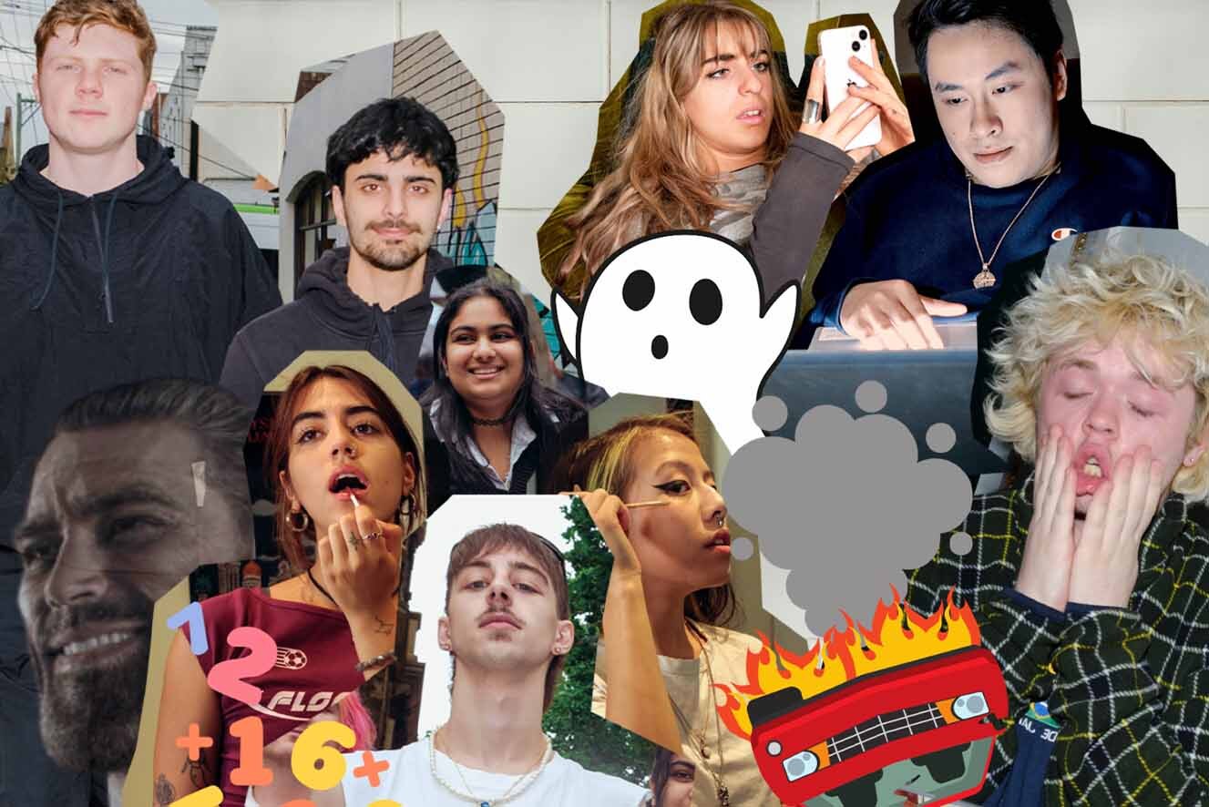 A collage of four different images which includes two young men walking down a street, a young man standing in front of two young women who are doing their make up, a young woman reacting in shock to reading her phone while a young man sits on his computer, and a young man holding his face with both hands in exasperation.