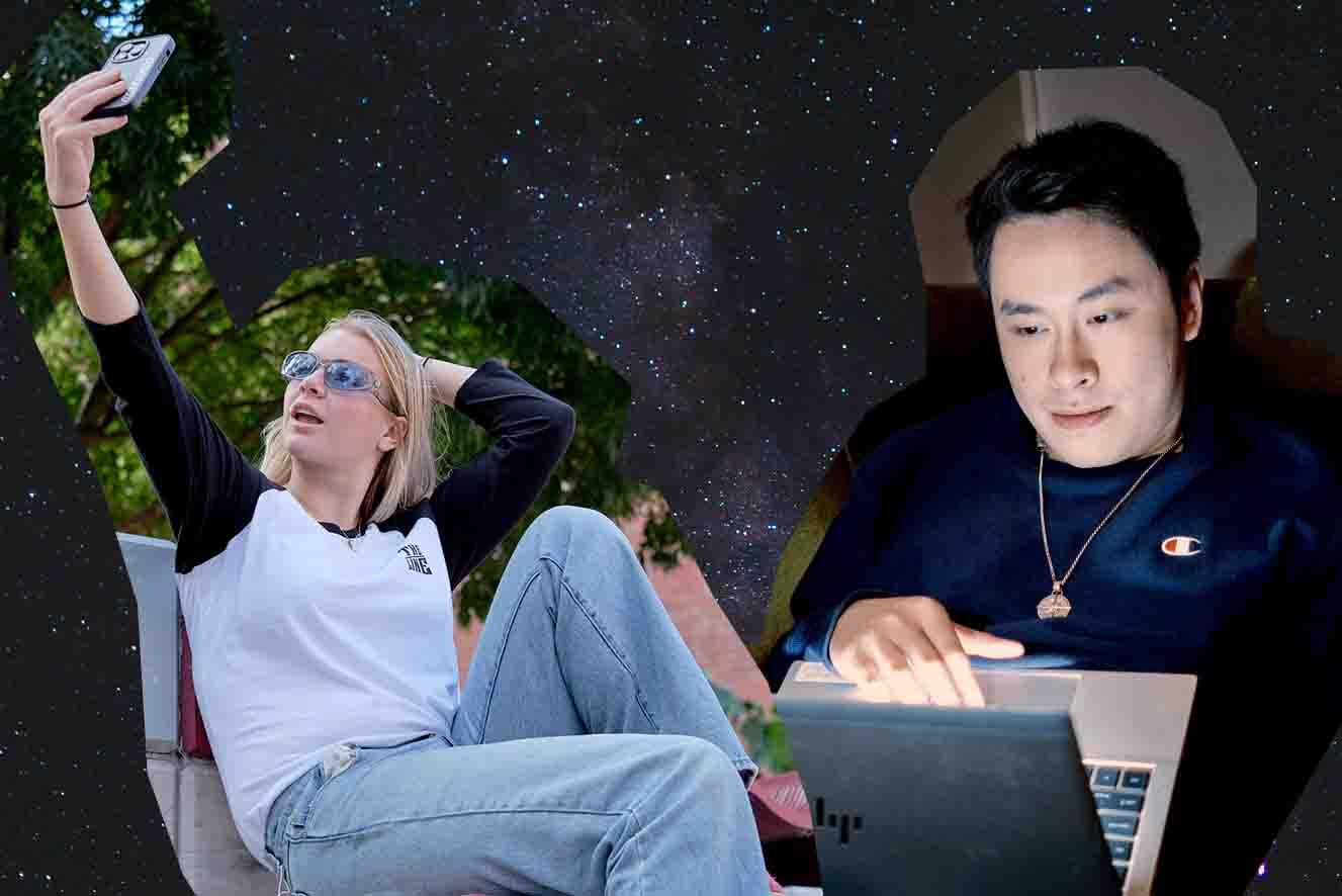 Split image showing two a young man and women using technology. On the left, a young women with blonde hair and sunglasses takes a selfie with a smart phone.. On the right, a young man with black hair looks at a laptop screen.