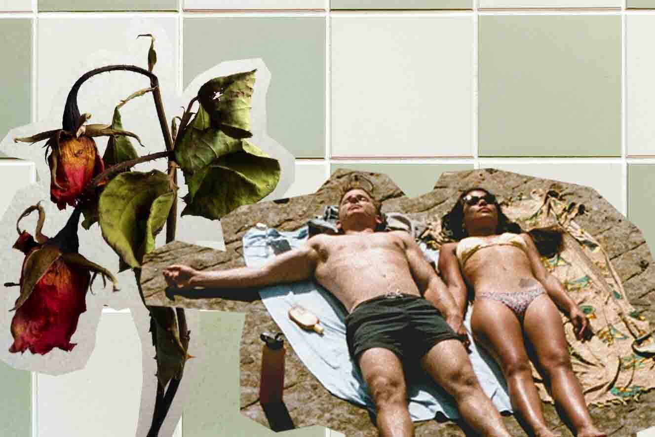 Collage featuring a wilted rose and two people sunbathing on rocky terrain, set against a tiled background.