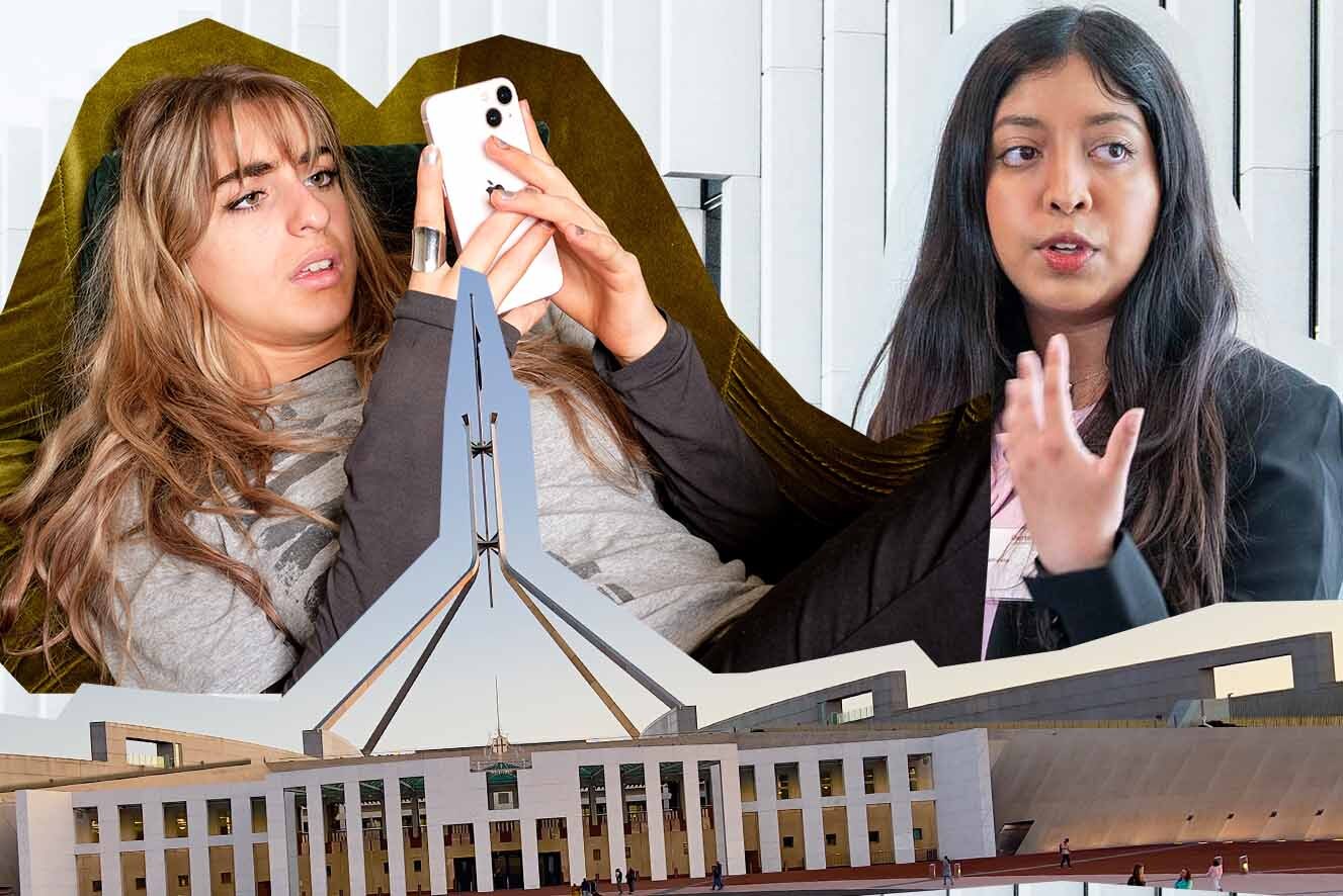 Collage of three images on a light background. Image 1 shows a young woman looking at her iphone. Image 2 shows a young woman in conversation. Image three shows Parliament House in Canberra.