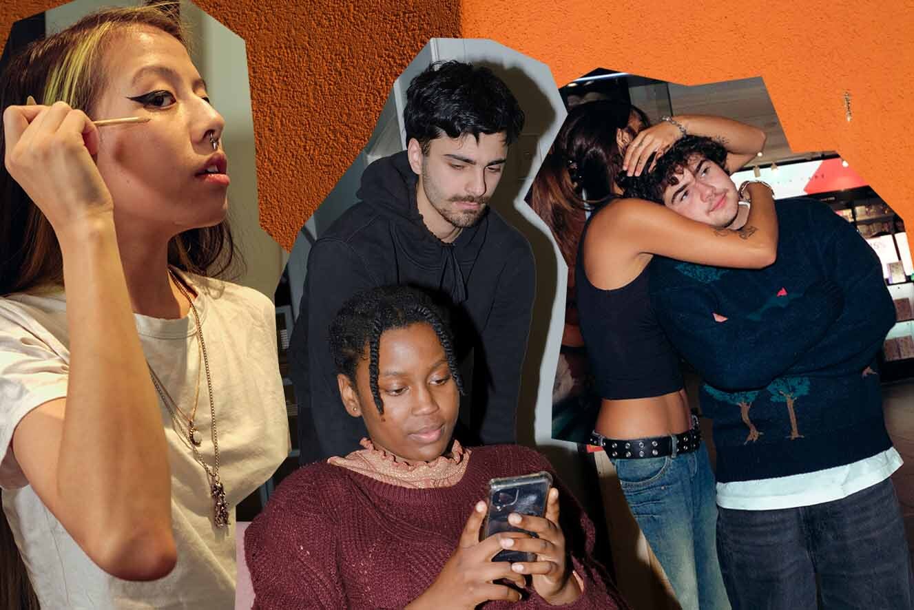 A collage of three images on a textured orange background. Image 1 shows a young woman doing mascara, image 2 shows a young man looking over the shoulder of a young woman at her phone, image 3 shows a young woman hugging a young man, his head in her arms.