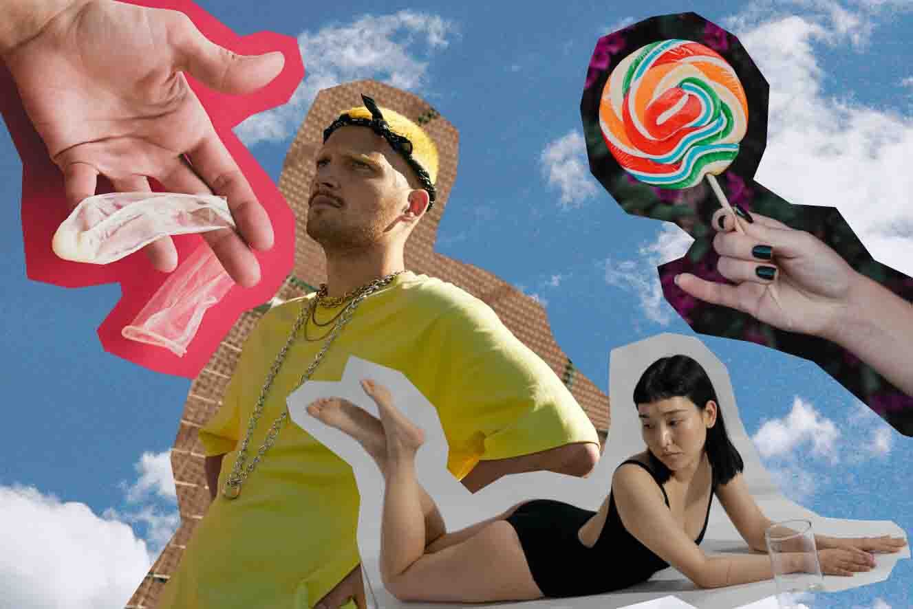 Collage image featuring a hand holding a condom, a hand holding a lollipop, a young man with died hair and a yellow t-shirt, a young woman with white skin and dark hair laying on the ground in a leotard.