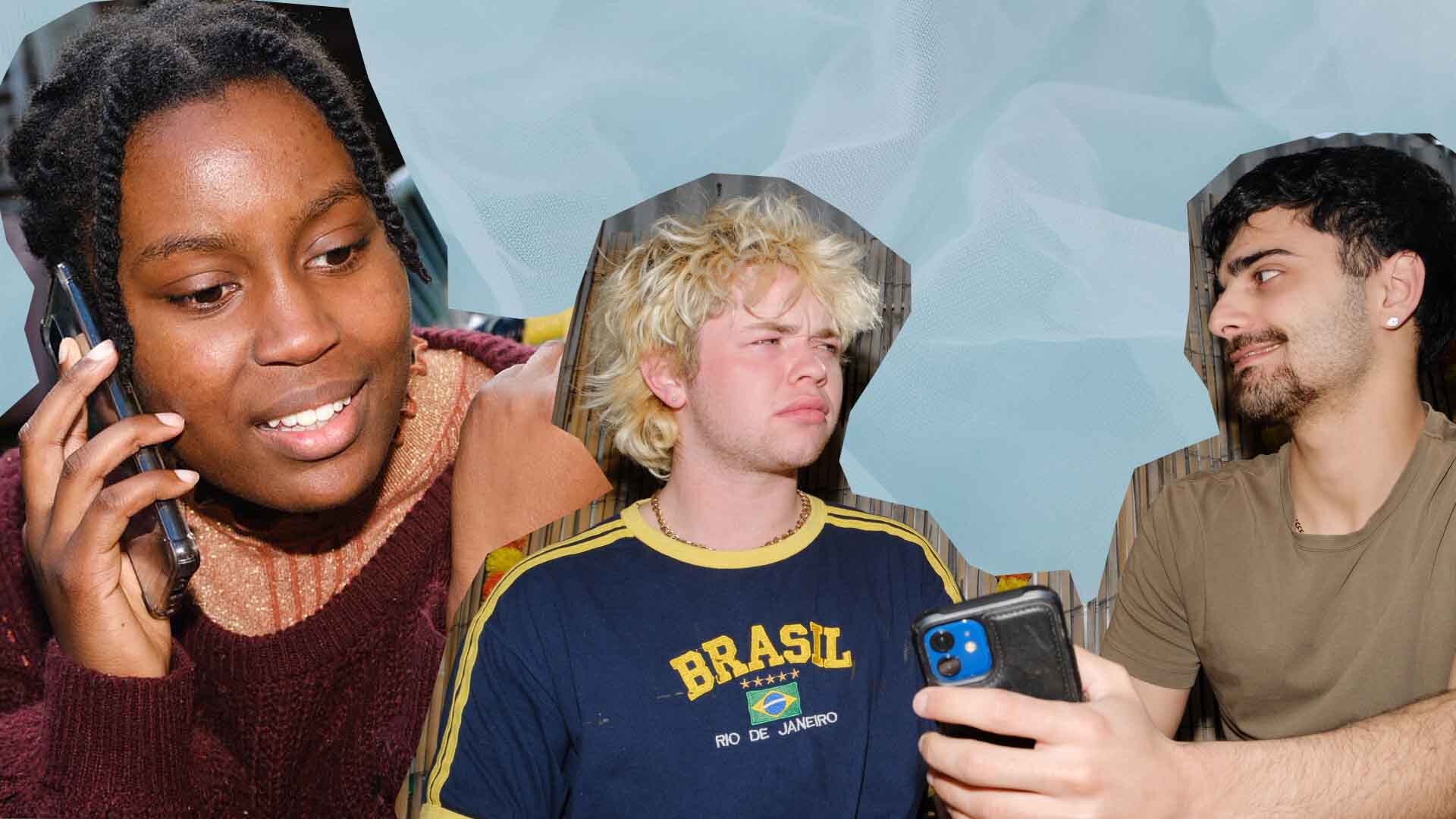 Collage of two images on a textured background. A young woman with brown skin talking on the phone. Two young men looking at a phone with unhappy looks on their faces.
