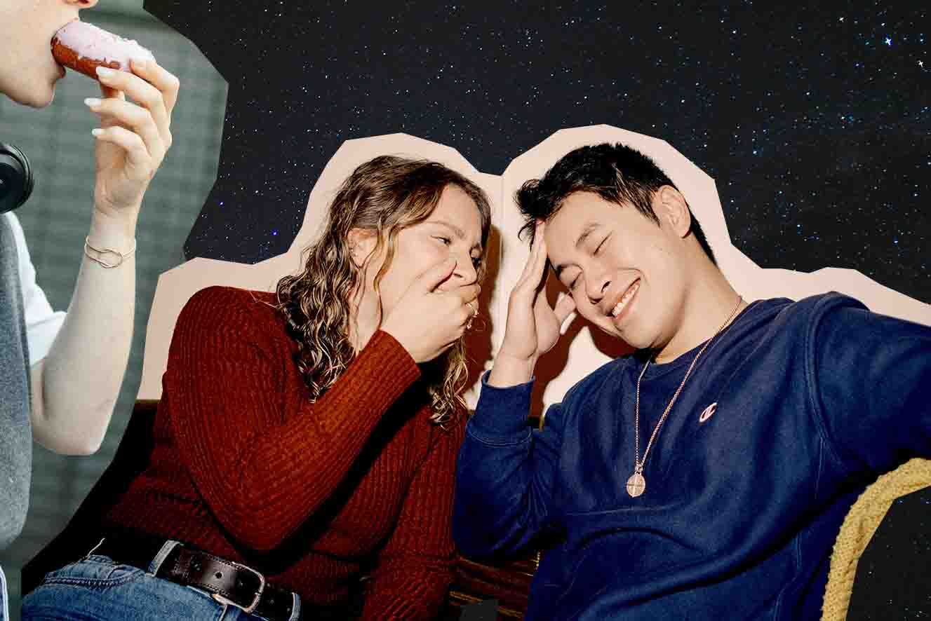 A picture collage of two individuals smiling and sitting close together in a cozy setup and another person eating a donut. The background features a starry sky.