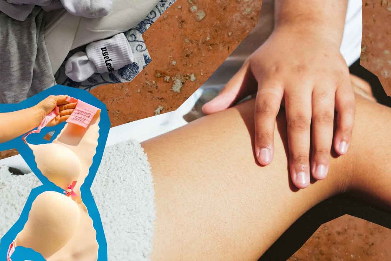 A hand rests suggestively on another persons thigh. To the left a hand holds an unbuttoned bra.