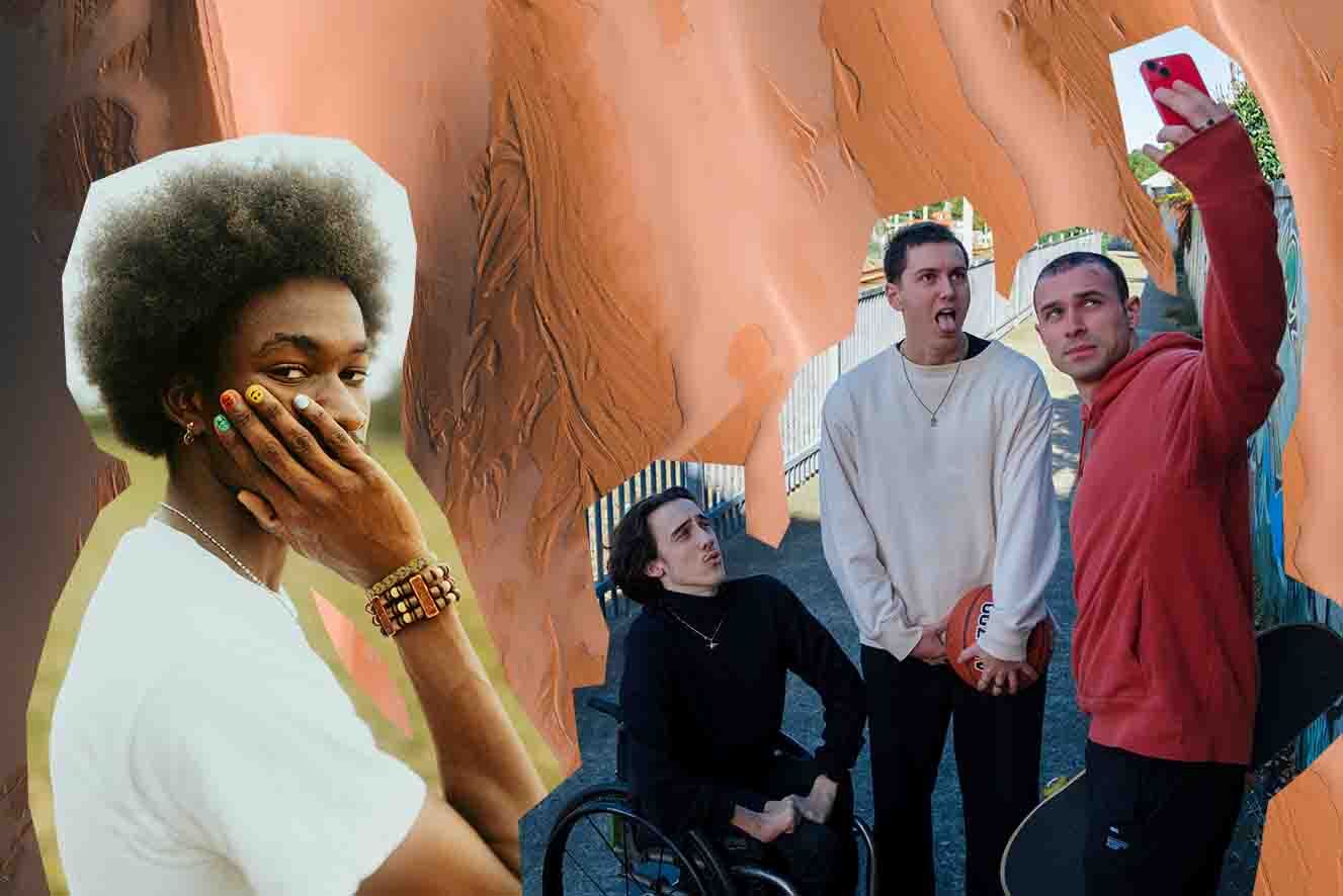 Collage of four diverse individuals with different expressions and poses, including one person in a wheelchair and another taking a selfie, set against an abstract orange background.
