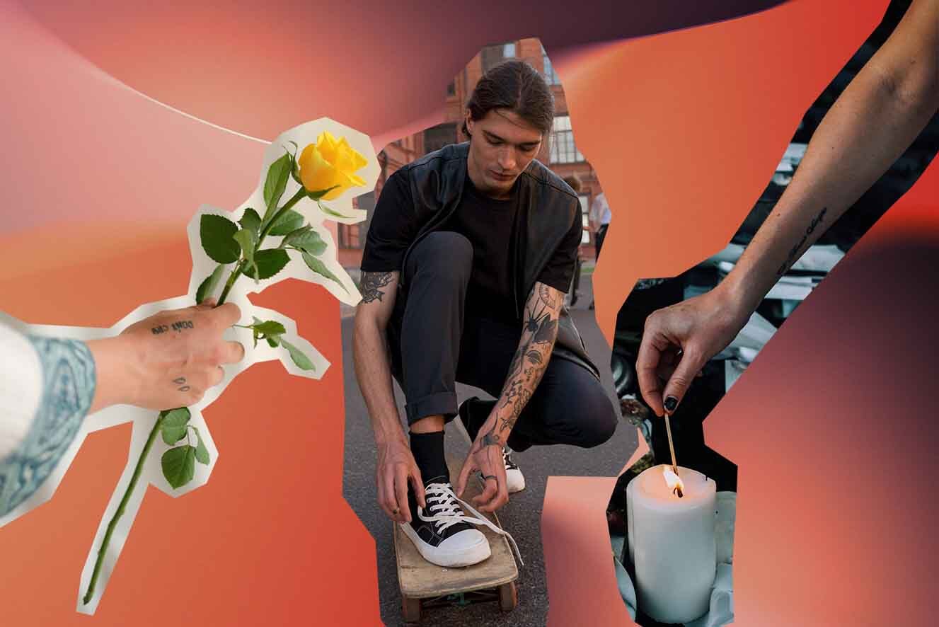 A young man with tattoos, dressed in black ties his shoelaces. On his left a hand holds a yellow rose. On his right a hand lights a white candle.