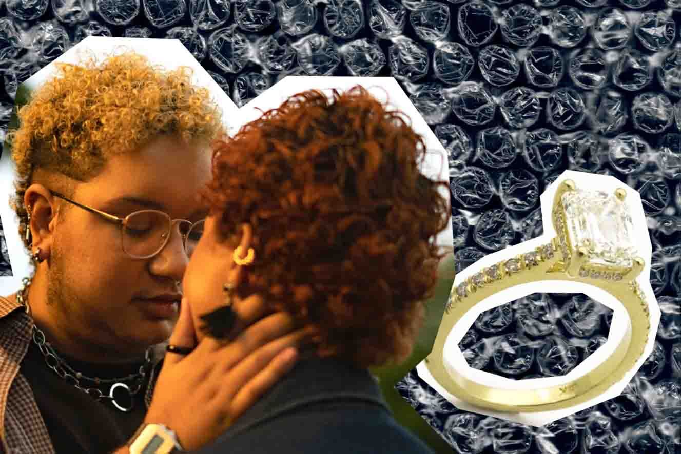 Two people with short curly hair tenderly touching foreheads with a background of popped bubble wrap. An image of an engagement ring is overlaid on the right side