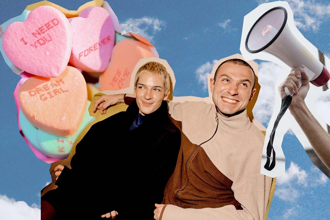 A collage of three images - a collection of conversation hearts with various messages of love, a young non-binary person and young man sitting next to one another, and a megaphone.