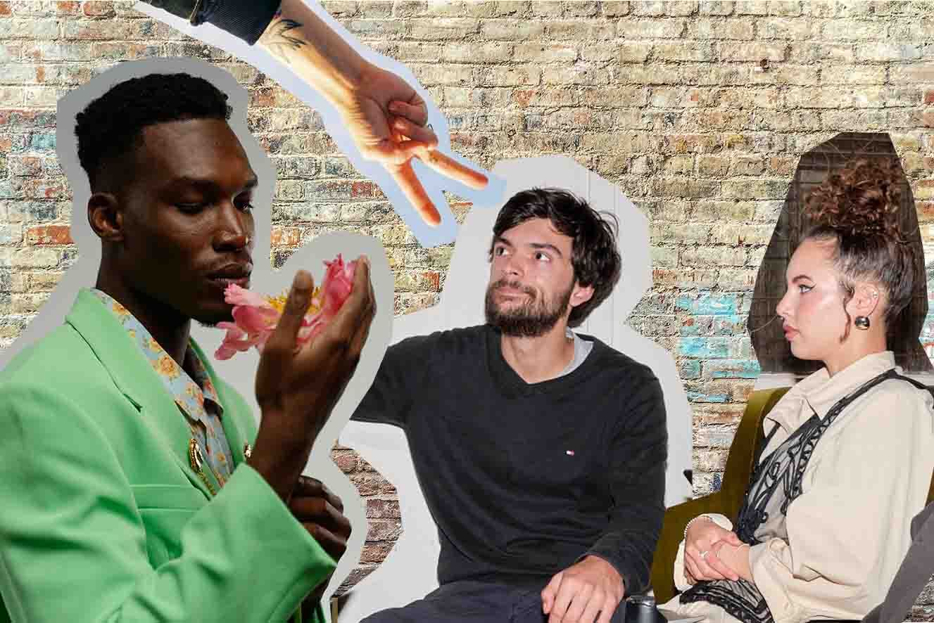 A collage featuring a young man with brown skin and black hair holding a flower, a hand giving the peace sign, and a young couple, both who have white skin and brown hair, sitting alongside each other looking disappointed.