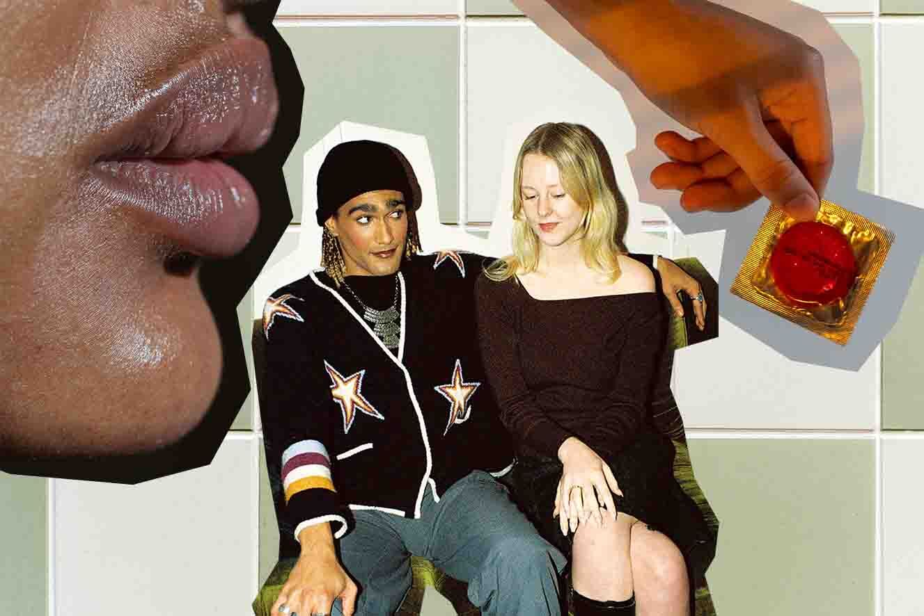 Collage featuring a close-up of lips, a person handing a condom to someone, and two seated individuals smiling at each other, set against a tiled background.