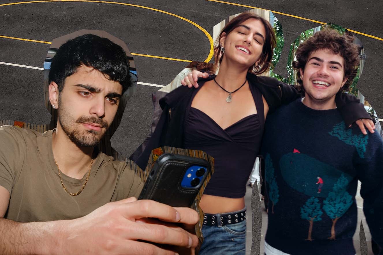 A collage of two images, one of a young man on his phone with a concerned look on his face, and the other of a young woman and young man with their arms on each others' shoulder.