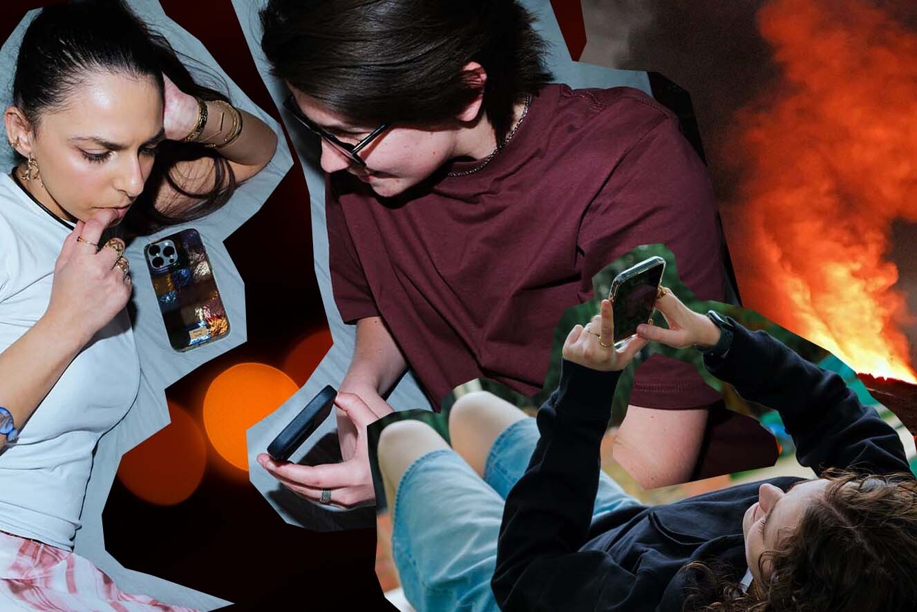 Collage of three images on a black/orange background. Image 1 shows two young people lay on a bed, one shows the other their phone. Image 2 shows a young woman lays on grass while using her phone. Image three shows an explosion going off.
