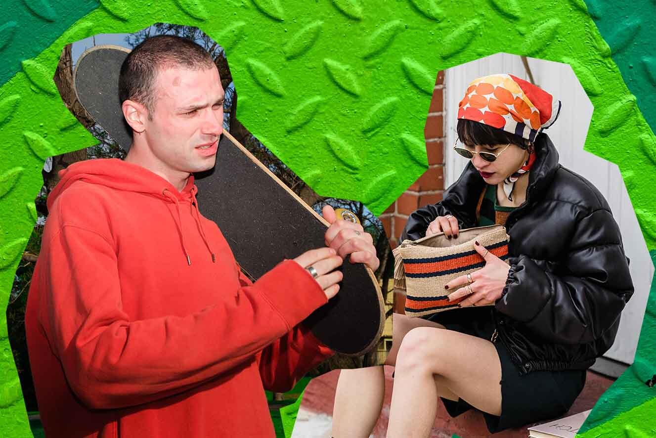 A collage of a young man with white skin and shaved dark hair who is holding a skateboard, and a young woman with white skin and dark hair who is wearing a head bandana and holding a purse.
