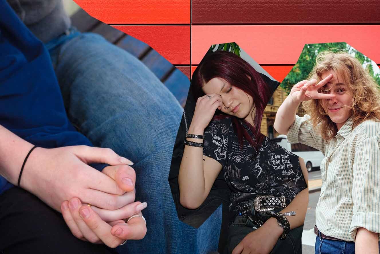A collage of three images on a red background. 1) hands holding on top of a leg, 2) a young person clutches the top of their nose, 3) a young man gives a peace sign in front of his face.