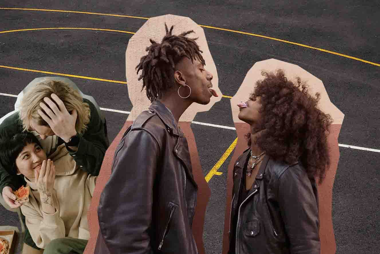 Two cutouts of individuals—one with a spiky hairdo and another with a curly hairstyle—face each other with tongues out.  Behind them, another cutout shows a person playfully covering their face with arms around a young women laughing. Background is a basketball court with yellow lines.