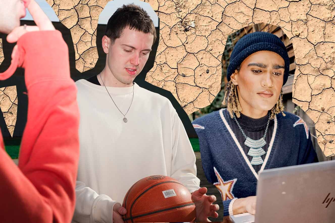 A collage of two images on a textured background shows a young man holding a basketball ponderously and a young non-binary person on a laptop.