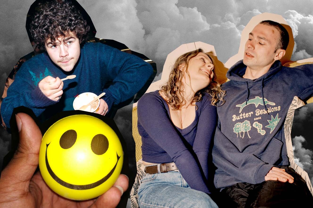 A collage image of a young hetero couple, a young man with an ice cream cup and a hand holding a yellow smiley face stress ball.