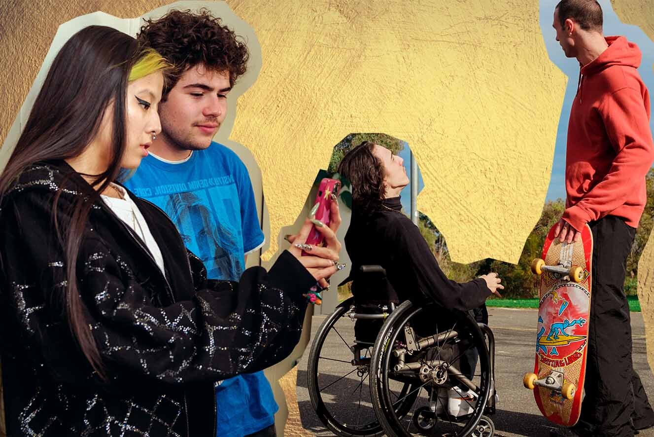 Two groups of two young people, three men and one woman, appear as a collage on a textured background. The woman holds a phone, one man is in a wheelchair and another man holds a skateboard.