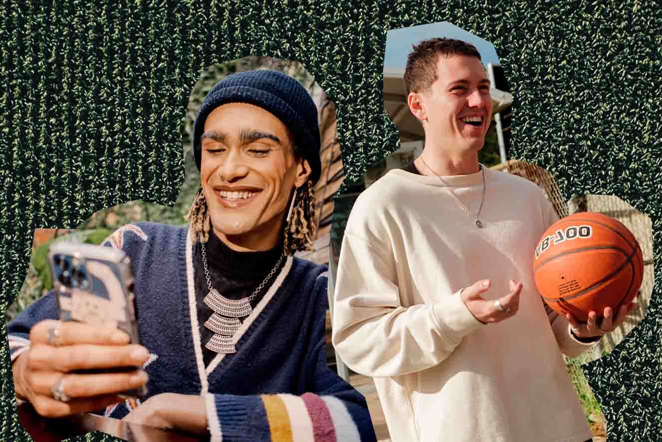Against a grainy green and black background. A young man wearing a beany and colourful jumper smiles at their smartphone. To their left a man smiles wearing a white jumper holding a basketball.