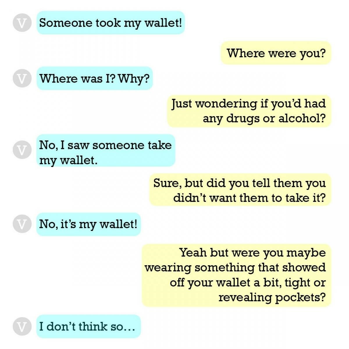 Text messaging exchange between two people. Conversation says: V: Someone took my wallet! Response: Where were you? V: Where was I? Why? Response: Just wondering if you'd had any drugs or alcohol? V: No, I saw someone take my wallet. Response: Sure, but did you tell them you didn't want them to take it? V: No, it's my wallet! Response: Yeah but were you maybe wearing something that showed off your wallet a bit, tight or revealing pockets? V: I don't think so...