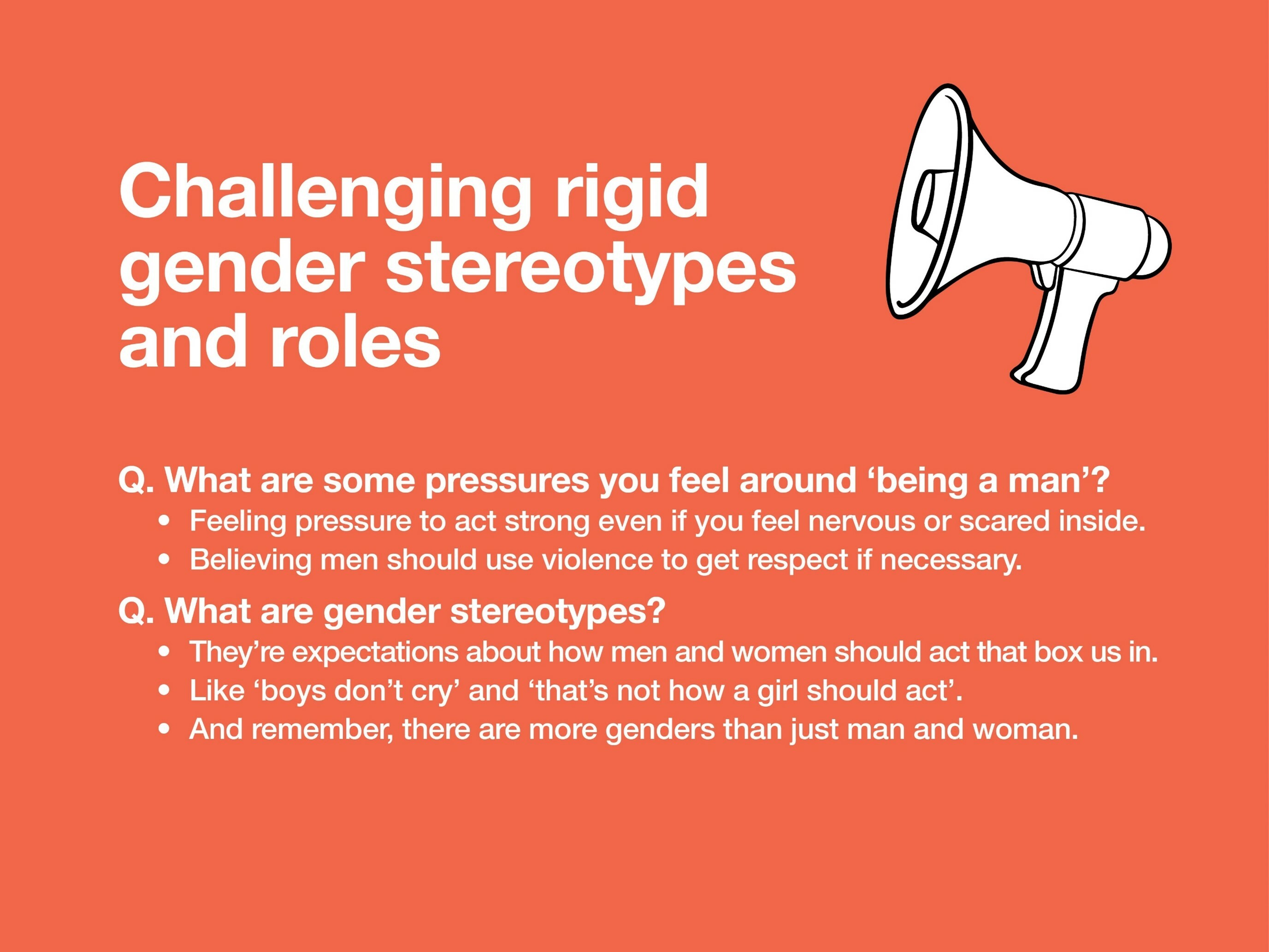 An infographic that covers questions and answers about Challenging rigid gender stereotypes and roles.
