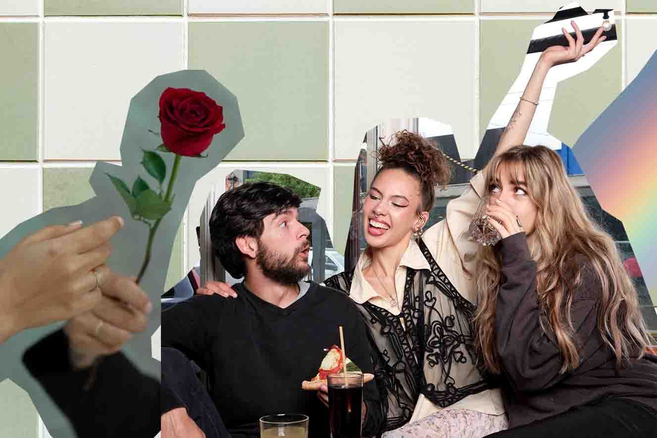 Three people interacting at a social event, including a young man holding a slice of pizza, a young women smiling with her hand raised. To their left a hand holds a red rose set against a tile-pattern background.
